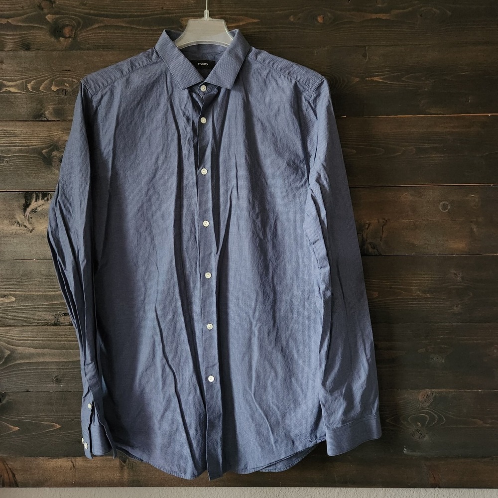 Theory Button Up Shirt Mens 17 Large Plaid Micro Check Print Lightweight Blue - Picture 11 of 11